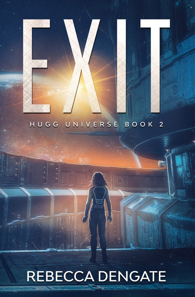 Exit cover: a woman on the surface of a space station stares at the sun peeking from behind Earth.